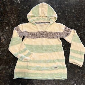 Roxy lightweight sweater. Light aqua & cream, grey. Front pouch pocket.